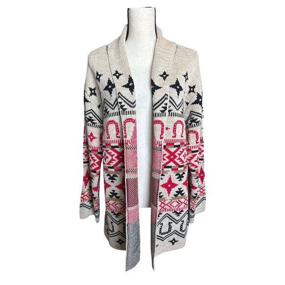 NWT Lucky Brand Tan Red Horseshoe Western Cardigan Sweater Open Front Size XL - Picture 2 of 10